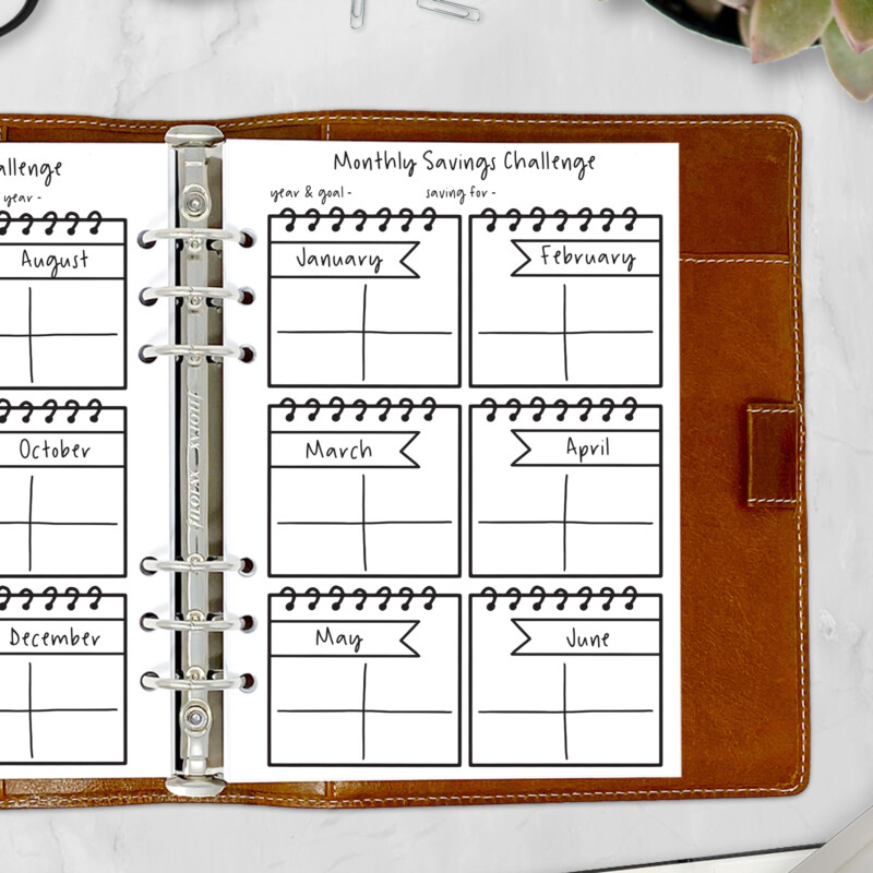 Monthly savings challenge planner insert with block layout