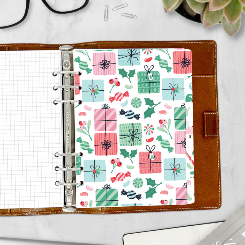 Candy Christmas planner divider with wrapped presents and holly — holiday side tab for ring planners