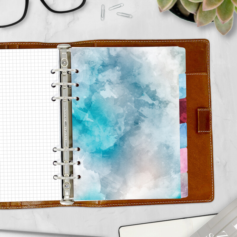 Color Splash planner divider with light teal watercolor — side tab divider for ring binders