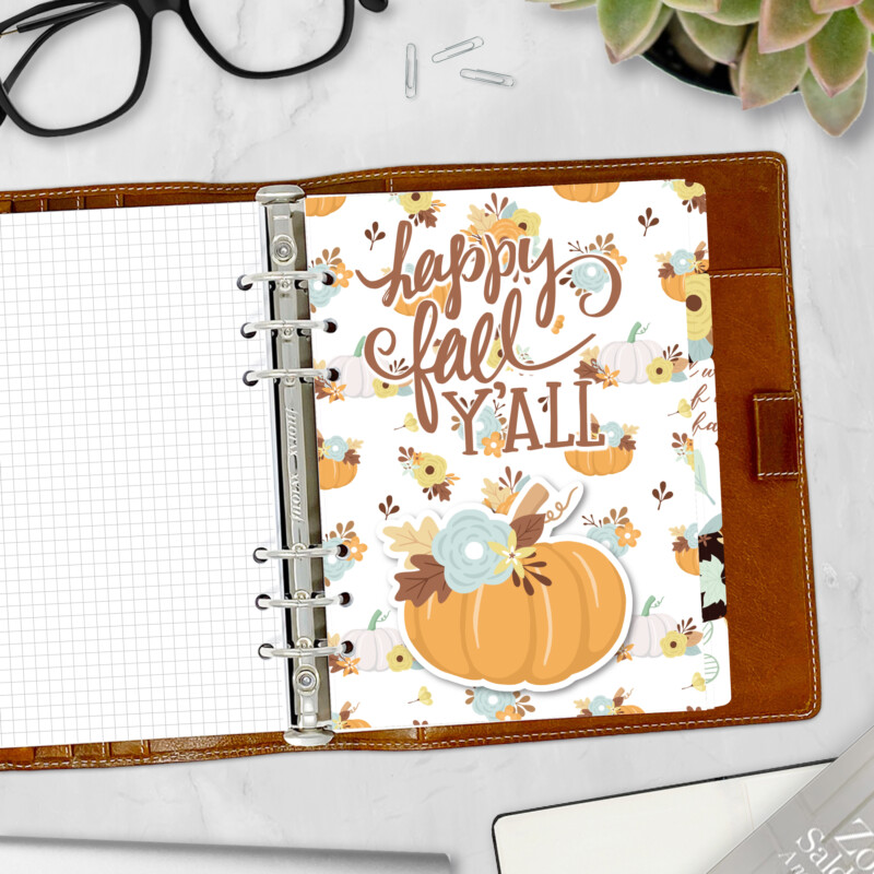 Fall Y'all side tab planner divider with Happy Fall Y'all and pumpkin design — autumn divider for ring binders