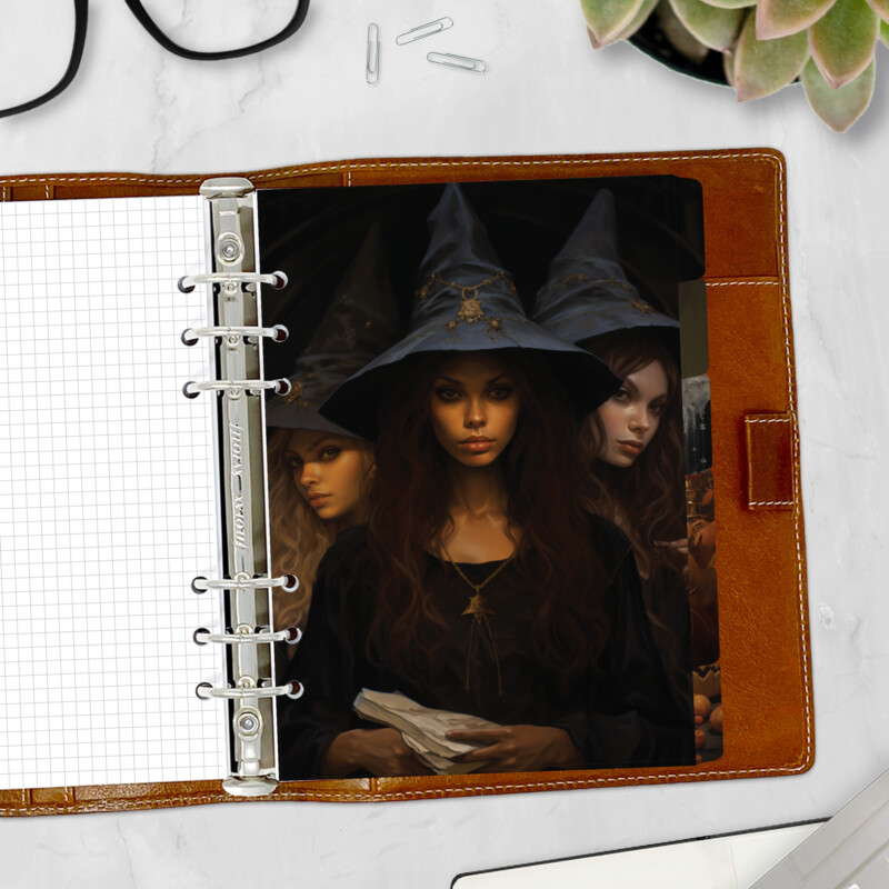 Ghostly Girls planner divider with witch portrait design — Halloween side tab for ring binders
