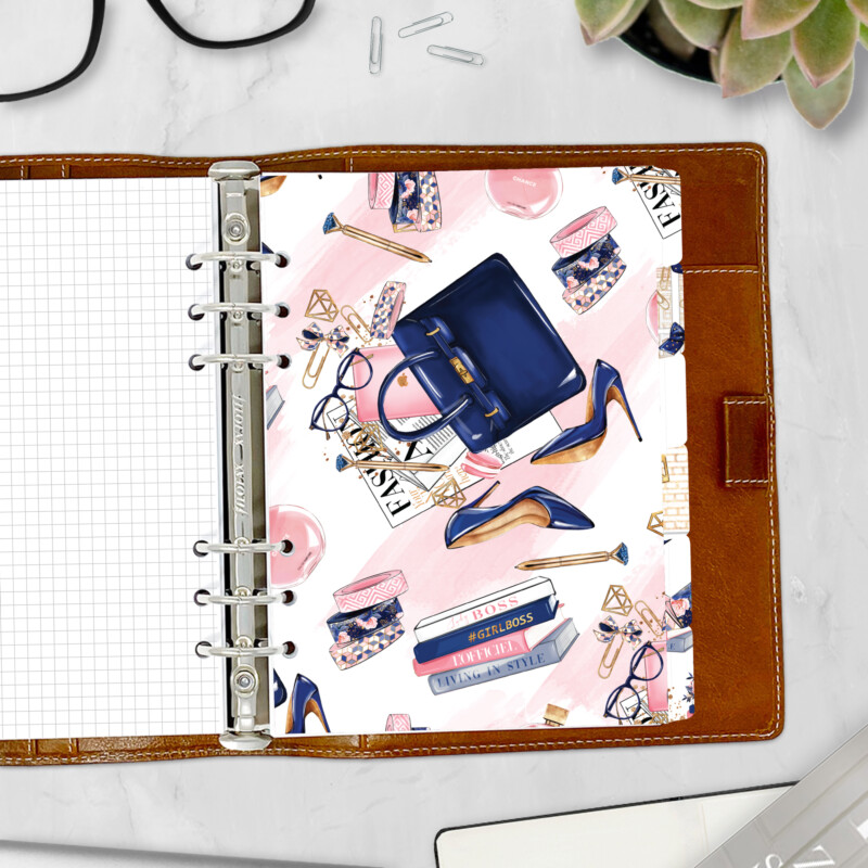 GirlBoss side tab planner divider with navy bag and glasses — fashion side tab for ring binders