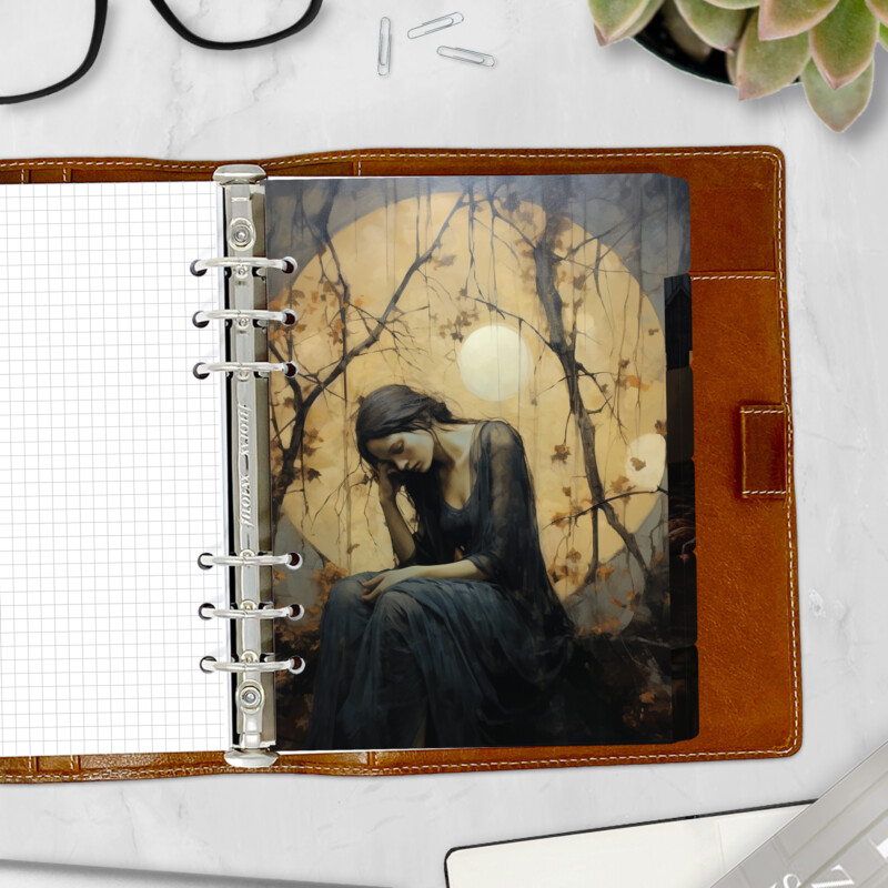 Haunted Home planner divider with gothic woman and lantern tree — Halloween side tab for ring binders