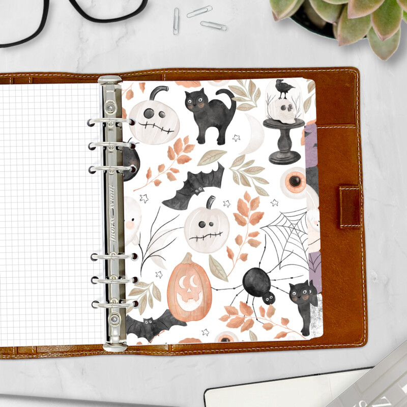 Howl O Ween planner divider with black cats and pumpkins design — Halloween side tab for ring binders