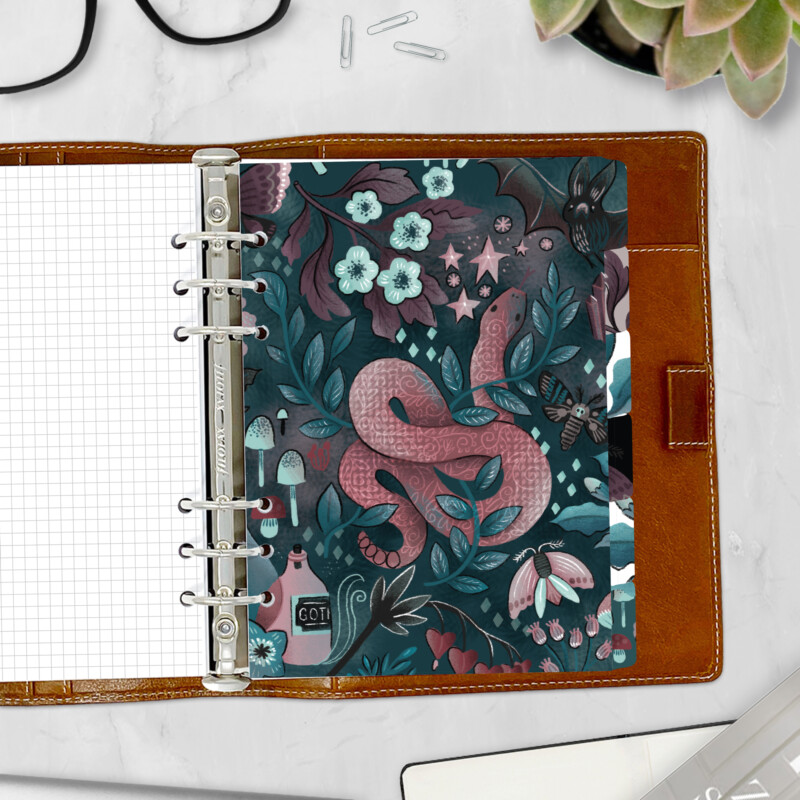 Into the Night planner divider with pink snake and floral design — side tab for ring binders