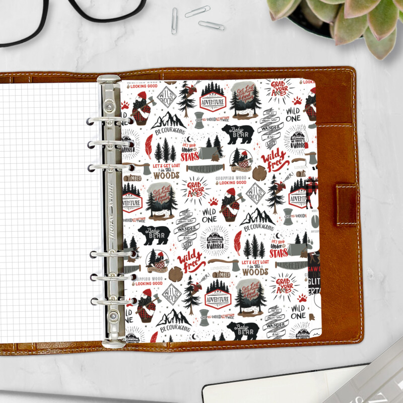 Lumberjack planner divider with mountains, bear, and Wild One design — woodland side tab for ring binders