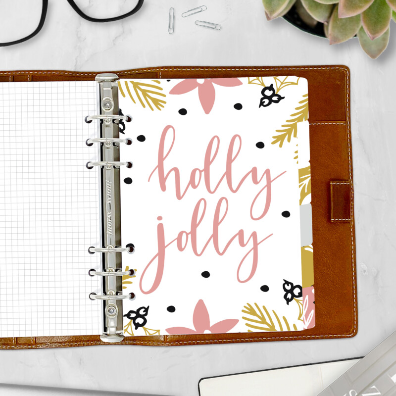 Oh What Fun planner divider with Holly Jolly script and botanical print — Christmas side tab for ring binders