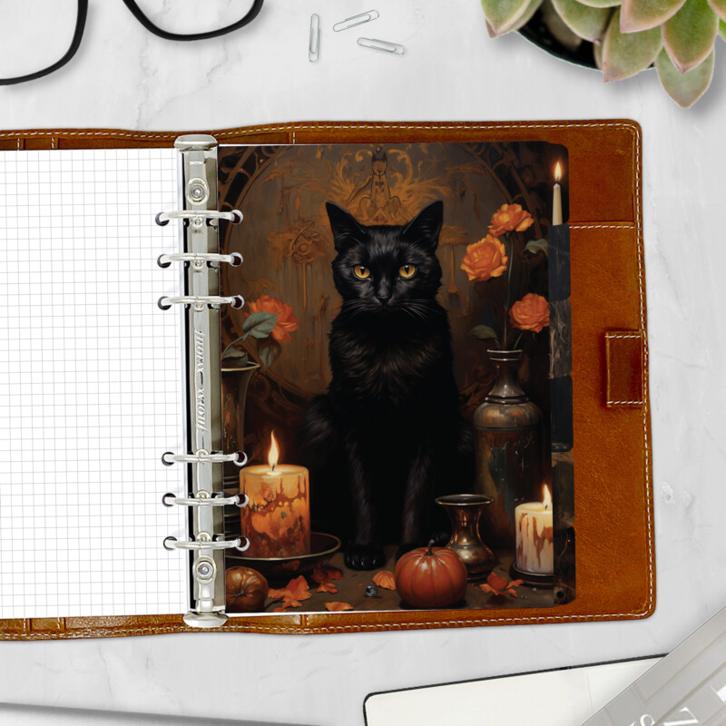Spooky Season planner divider with black cat and candle design — Halloween side tab for ring binders