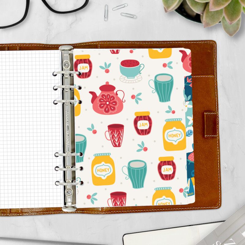 Tea Time planner divider with teapot and mug pattern — kitchen side tab for ring binders