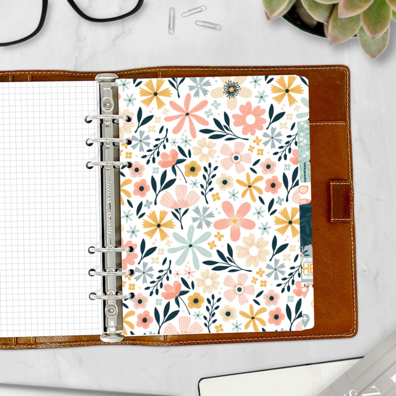 Wanderlust planner divider with coral and mustard floral print — travel side tab for ring binders