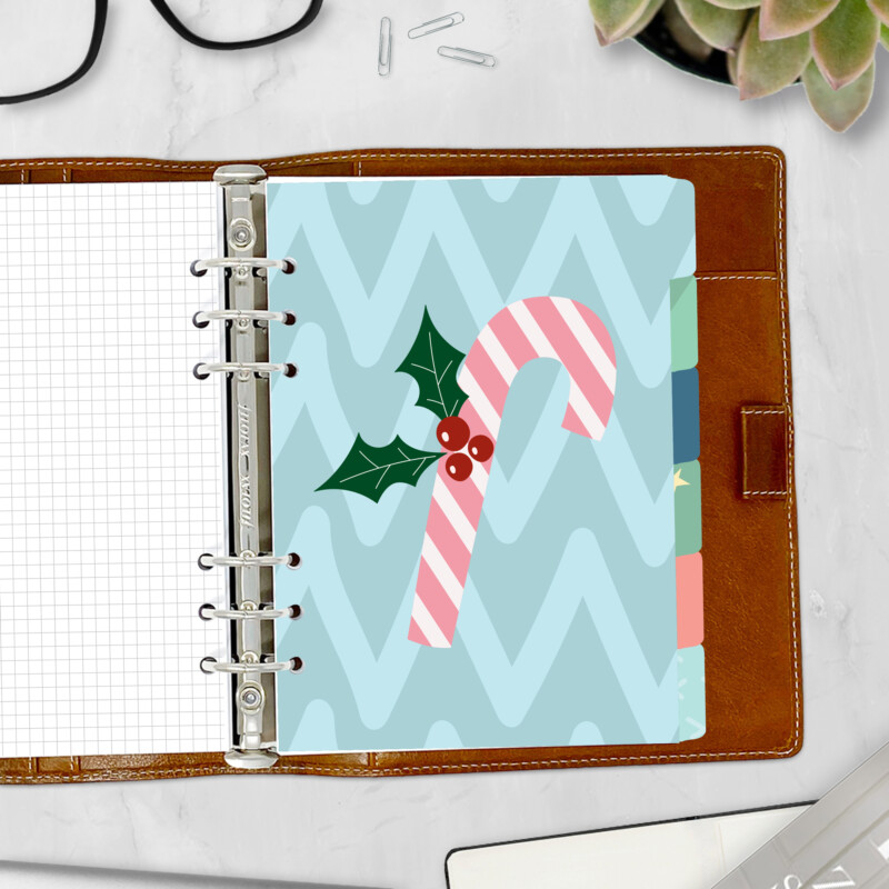 Warm Wishes planner divider with candy cane and holly design — Christmas side tab for ring binders