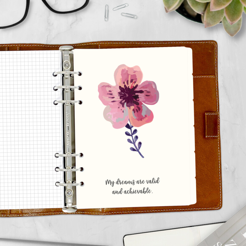 Watercolor of Life planner divider with pink flower and dreams affirmation — side tab for ring binders
