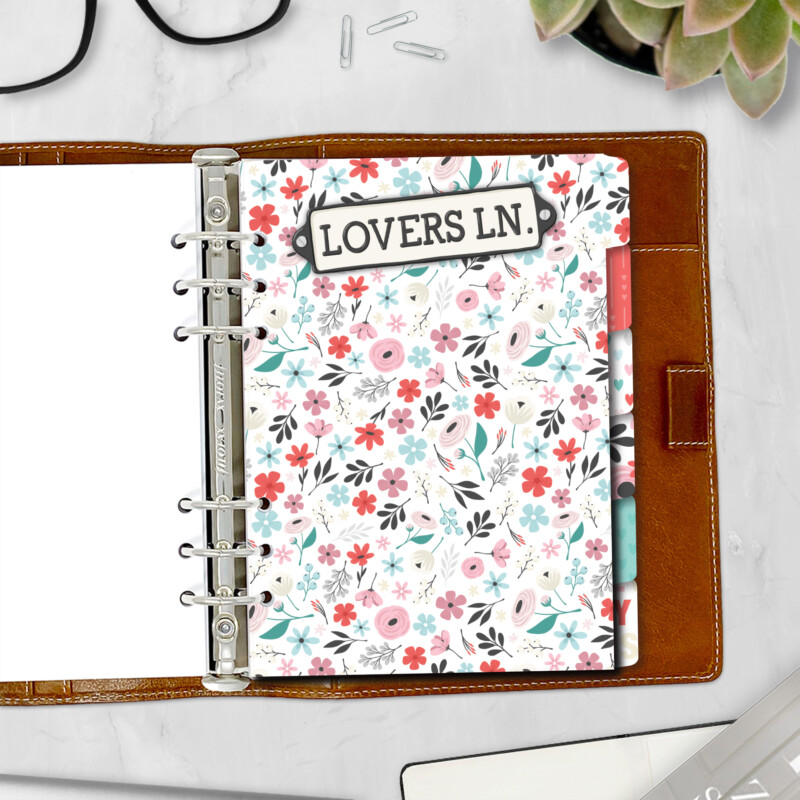 Be Mine A5 valentine side tab divider in A5 ring planner — coordinating set of 6 planner dividers