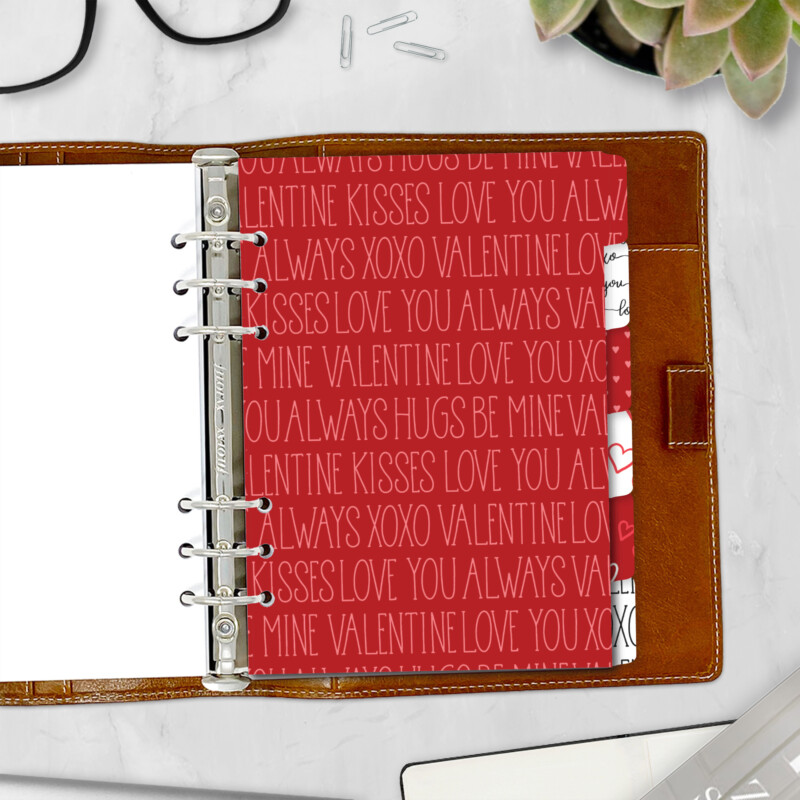 Lovers planner divider with romantic word art design — red valentine side tab for ring planners