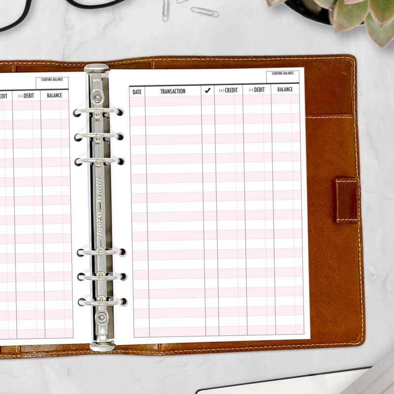 Pink planner refill with columns for checkbook tracking