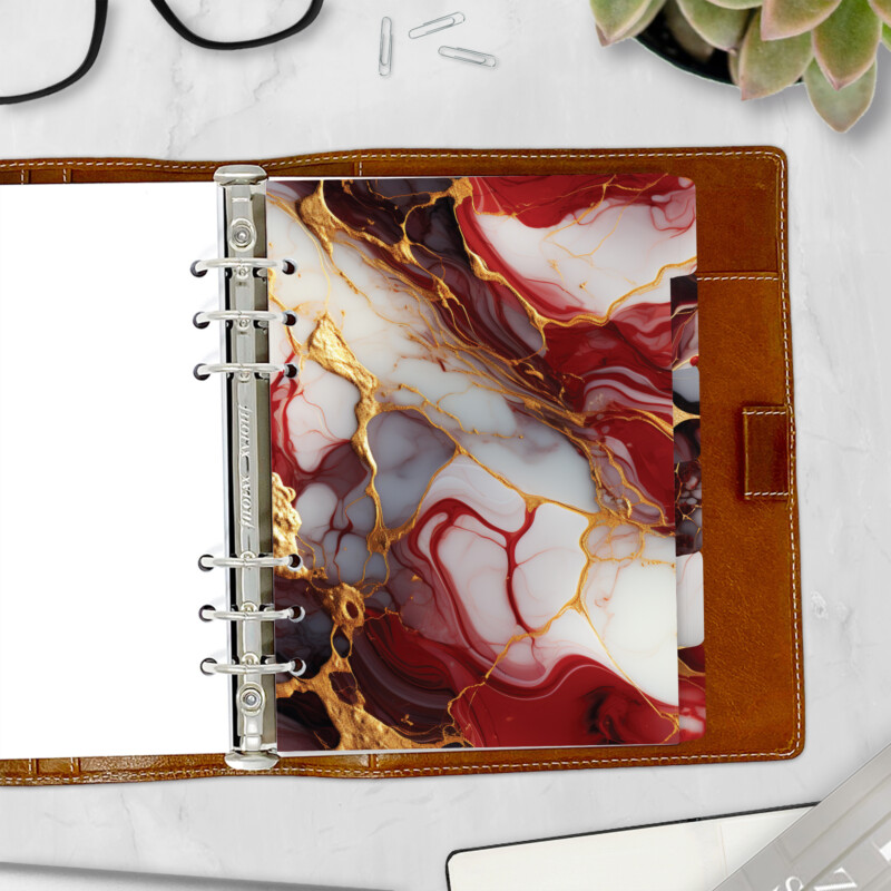 Crimson Luxe burgundy and gold marble side tab divider — luxury planner accessory for ring planners