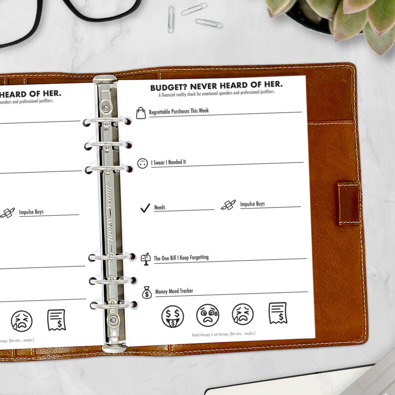 Close-Up of Budget Tracker Page with Sarcastic Headings
