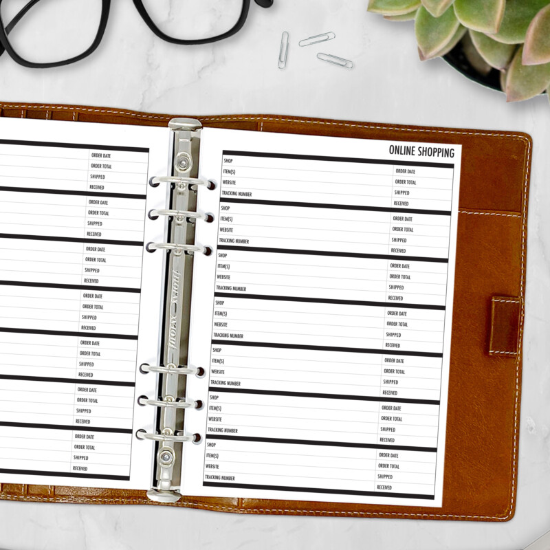 Online shopping planner insert with columns for order tracking