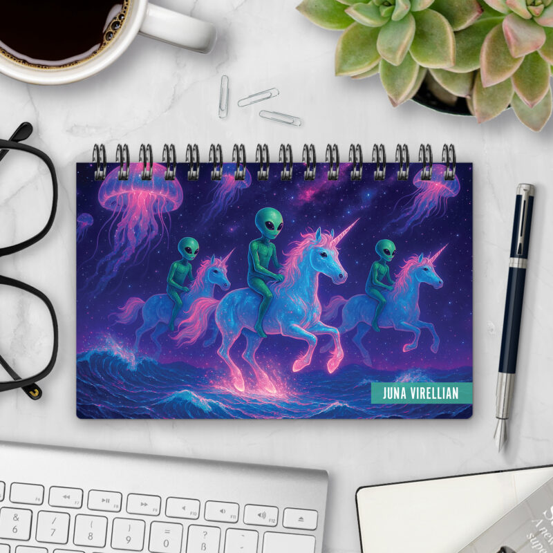 Top-bound landscape planner with a Starhoof Riders cover featuring green aliens riding glowing pink and blue unicorns over ocean waves beneath a starry sky with floating jellyfish, styled on a marble desk with coffee, succulents, glasses, and a pen.