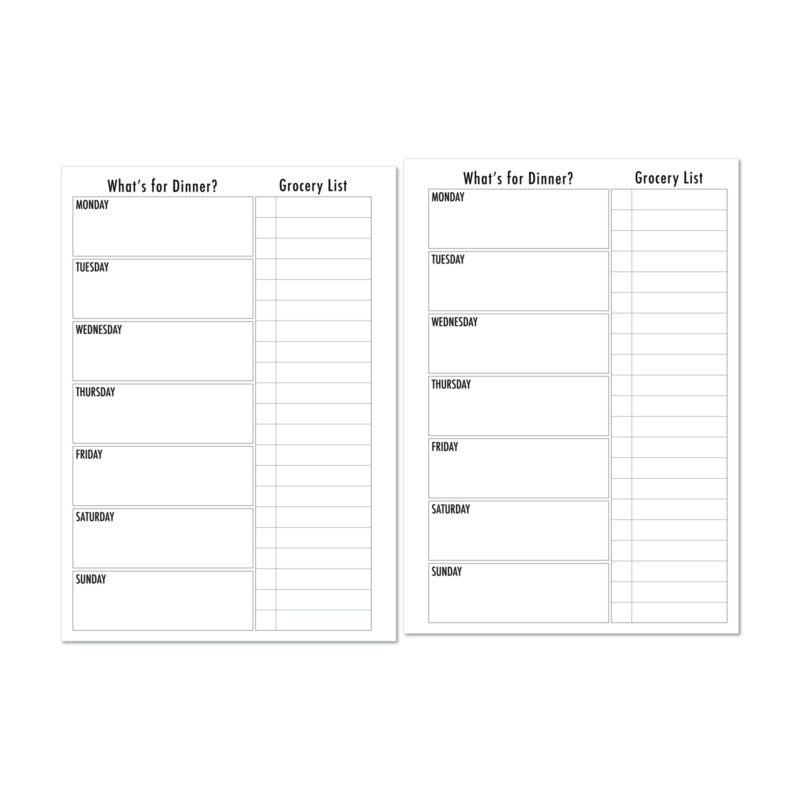 Weekly dinner planner insert with seven-day layout and grocery list