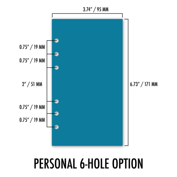 Personal size insert from the Planner Size Guide showing 6-hole configuration. Page size is 3.74 by 6.73 inches with 2-inch gap between middle holes and 0.75-inch spacing between clusters. Used in LV MM, Filofax Personal, and similar binders.