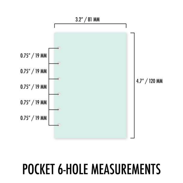 Pocket planner refill layout from the CityGirl Planners Size Guide. Features 6-hole punch with all holes spaced 0.75 inches apart. Page size is 3.2 by 4.7 inches, commonly used in LV PM and Filofax Pocket planners.