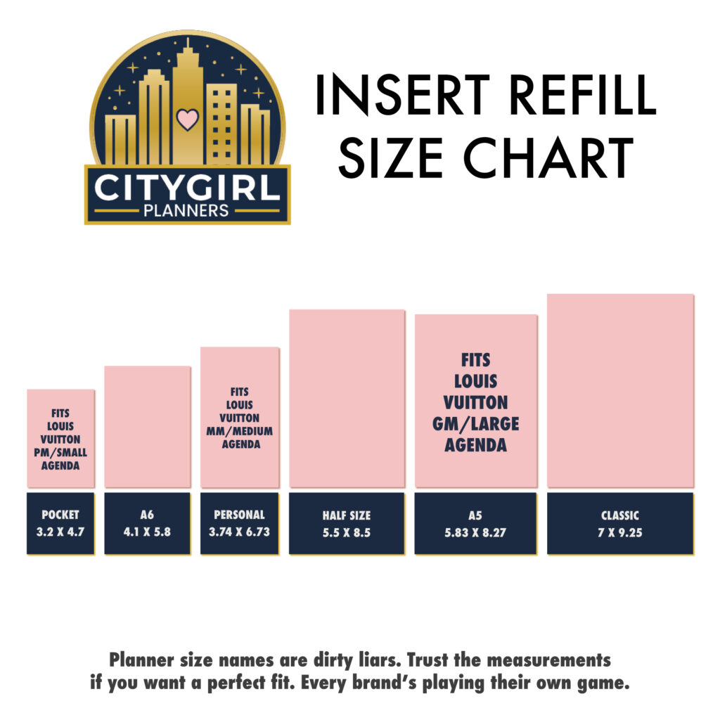 CityGirl Planners size chart for planner insert refills. Sizes include Pocket, A6, Personal, Half size, A5, and Classic.