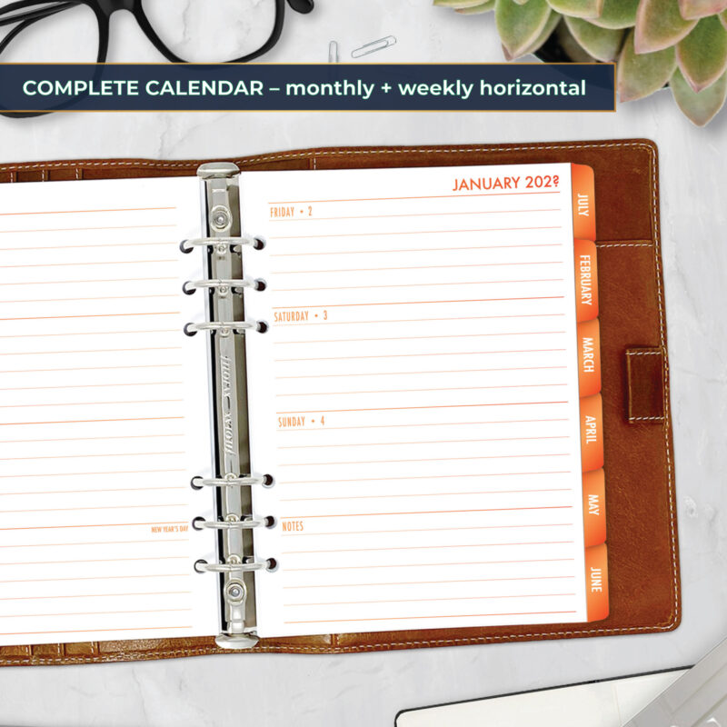 Complete Horizontal Calendar with monthly and weekly horizontal planner insert in Ember Kiss design in A5 size in brown ring binder