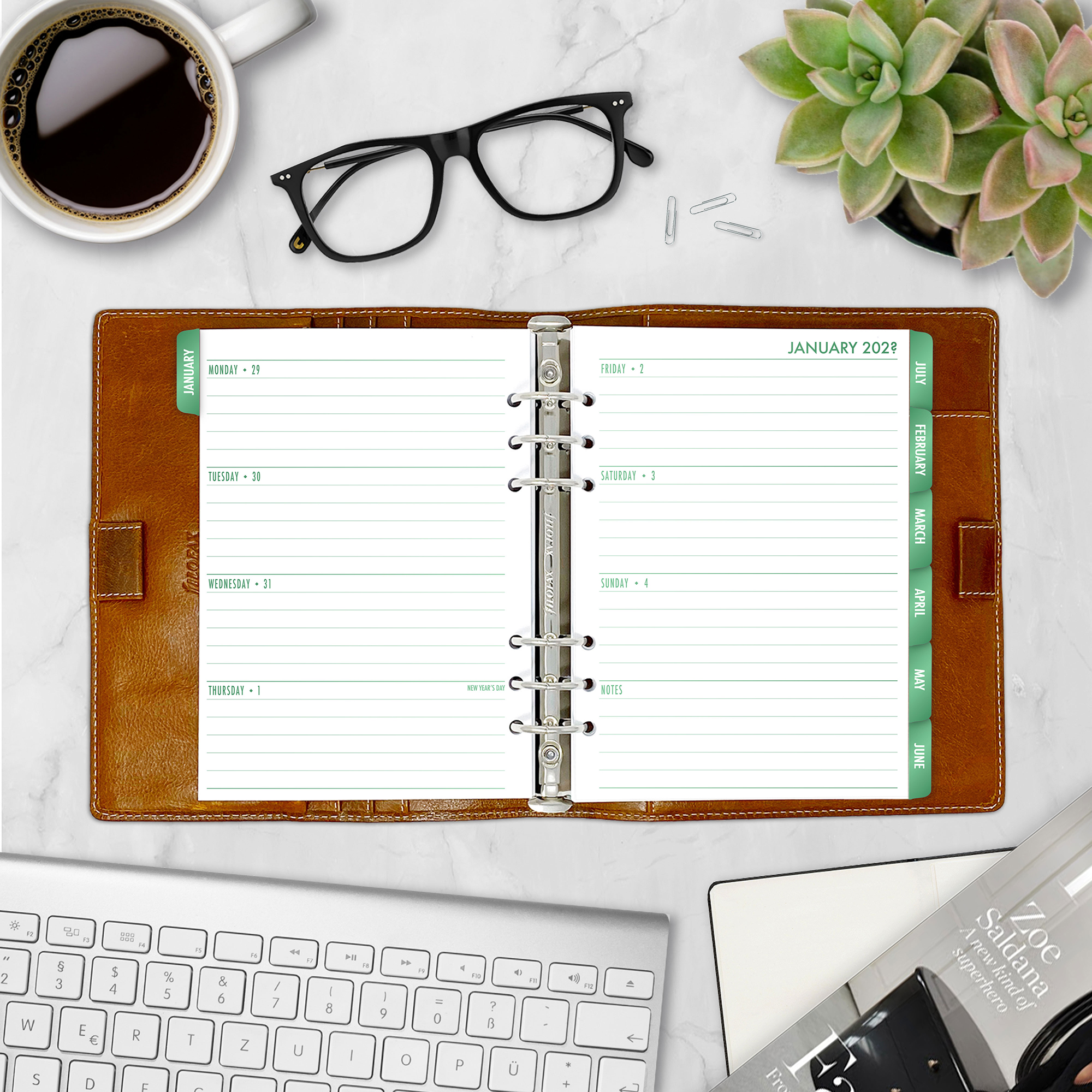 Complete Horizontal Calendar with monthly and weekly horizontal planner insert in Fae Grove design in A5 size in brown ring binder