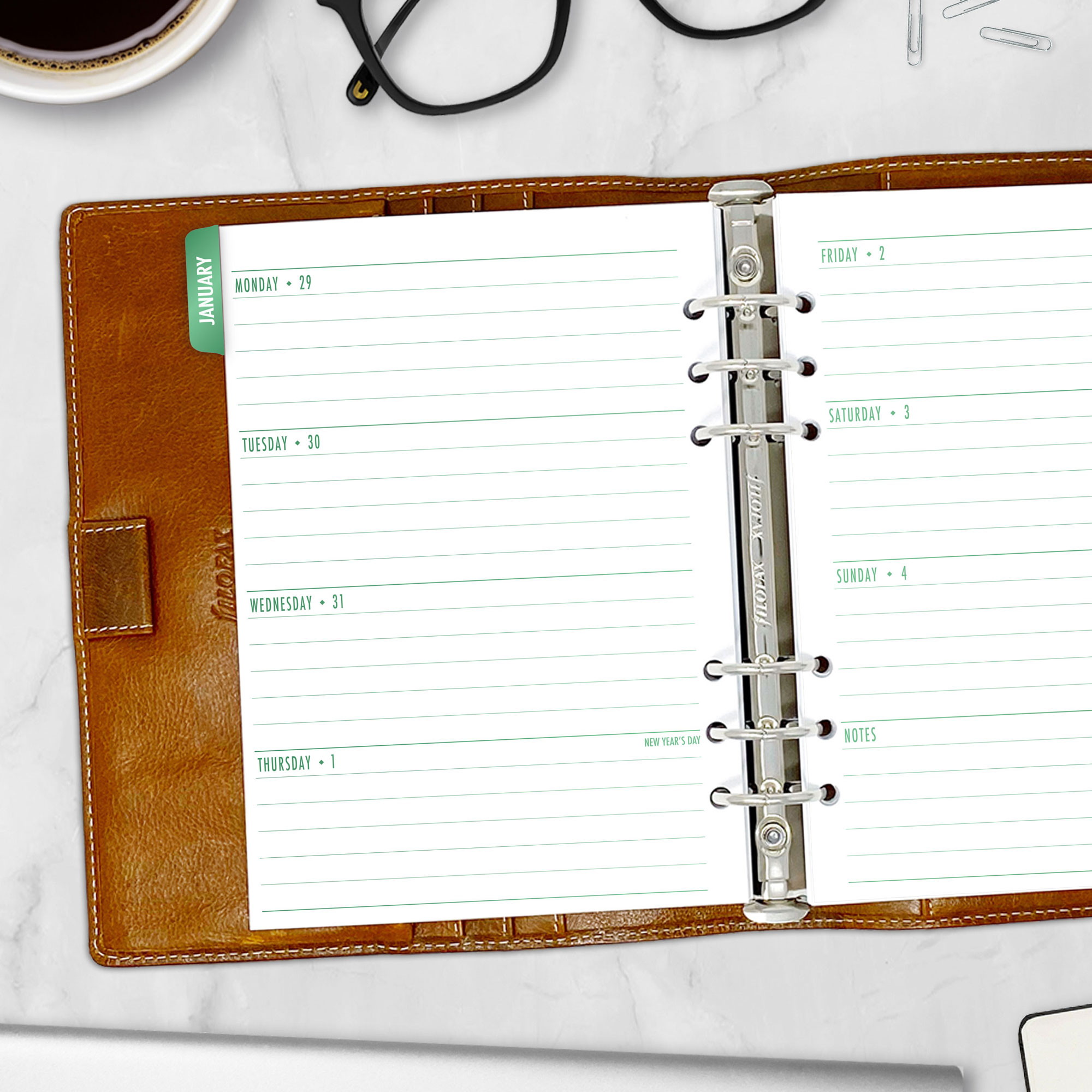 Complete Horizontal Calendar with monthly and weekly horizontal planner insert in Fae Grove design in A5 size in brown ring binder