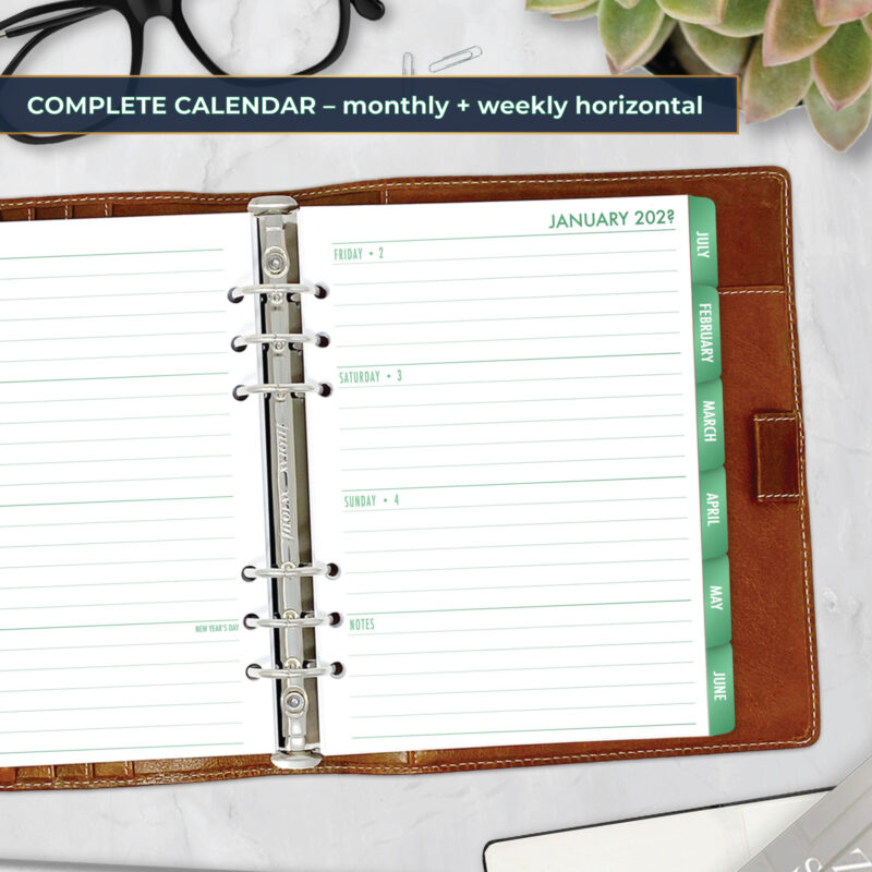 Complete Horizontal Calendar with monthly and weekly horizontal planner insert in Fae Grove design in A5 size in brown ring binder