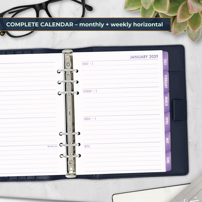 Complete Horizontal Calendar with monthly and weekly horizontal planner insert in Lilac Hex design in A5 size in navy ring binder