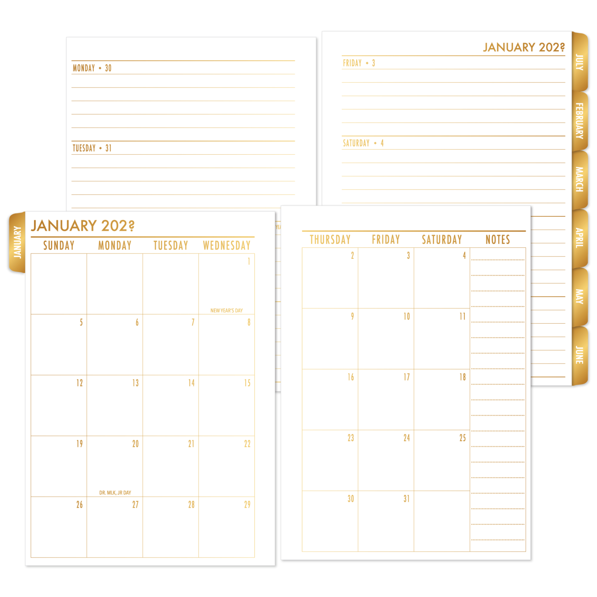 Weekly Horizontal + Monthly Tabbed Planner Insert - Gold Luxe Gradient (Complete Layout)