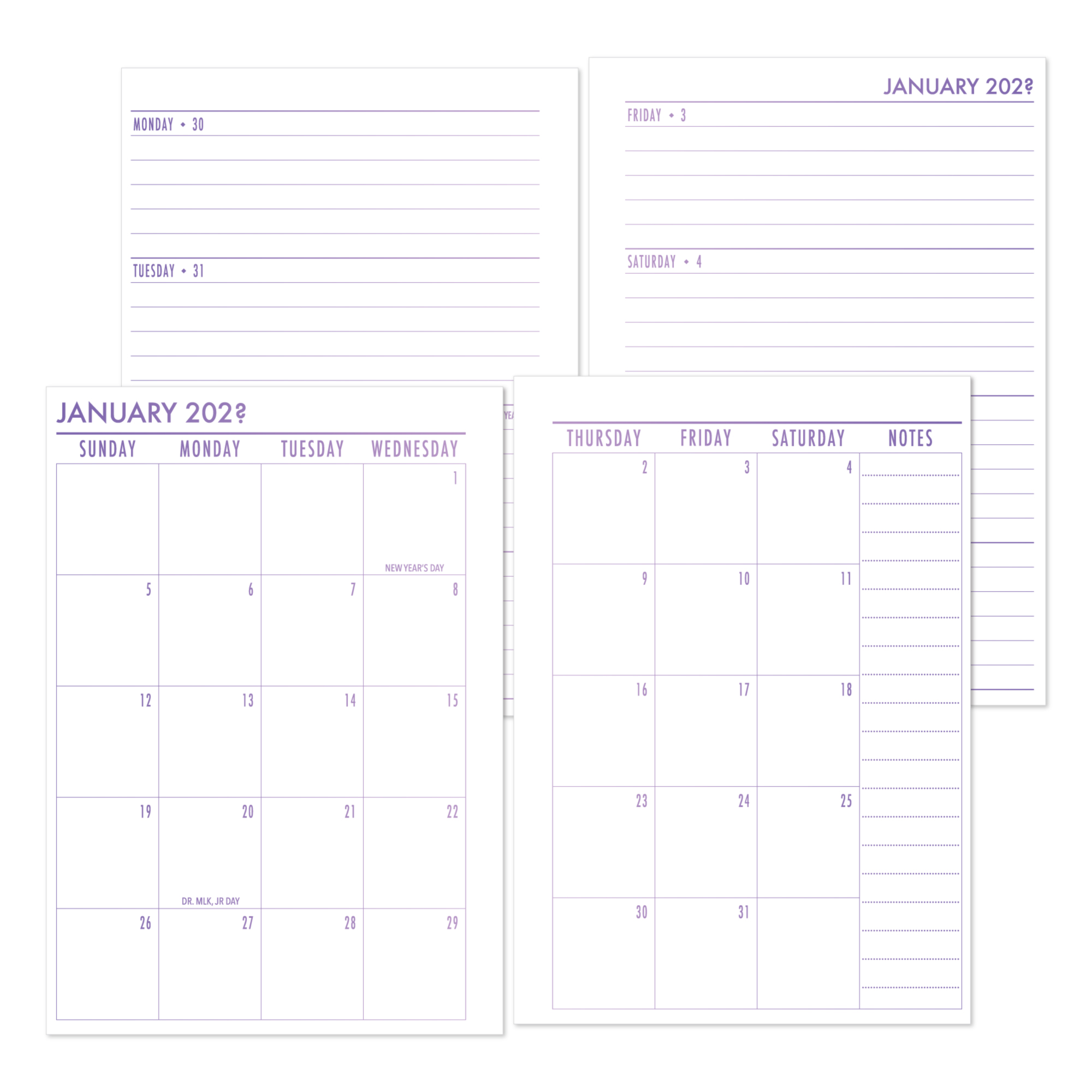 Weekly Horizontal + Monthly Planner Insert - Lilac Hex Gradient (Complete Layout)