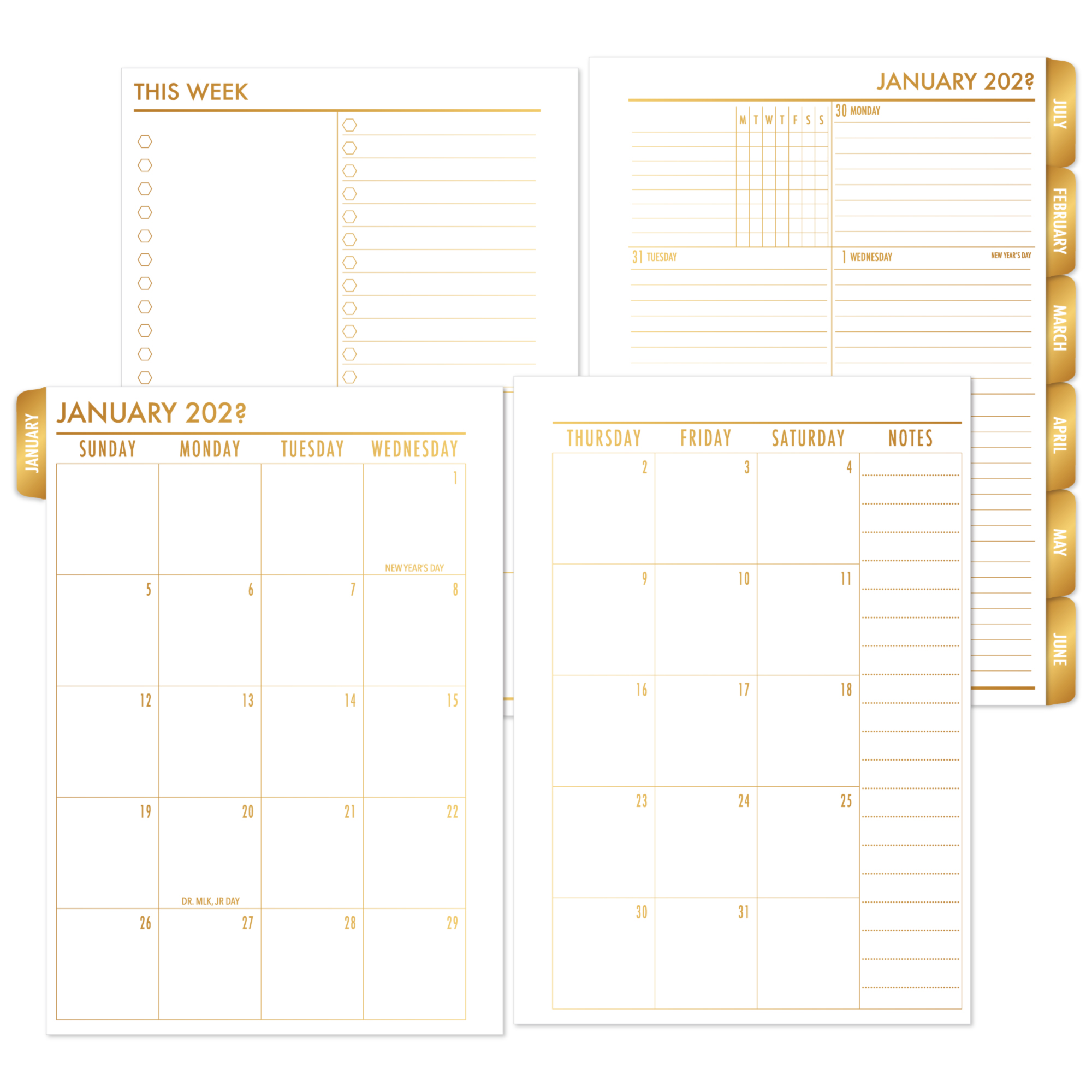 Weekly One Page + Monthly Tabbed Planner Insert - Gold Luxe Gradient (Complete Layout)