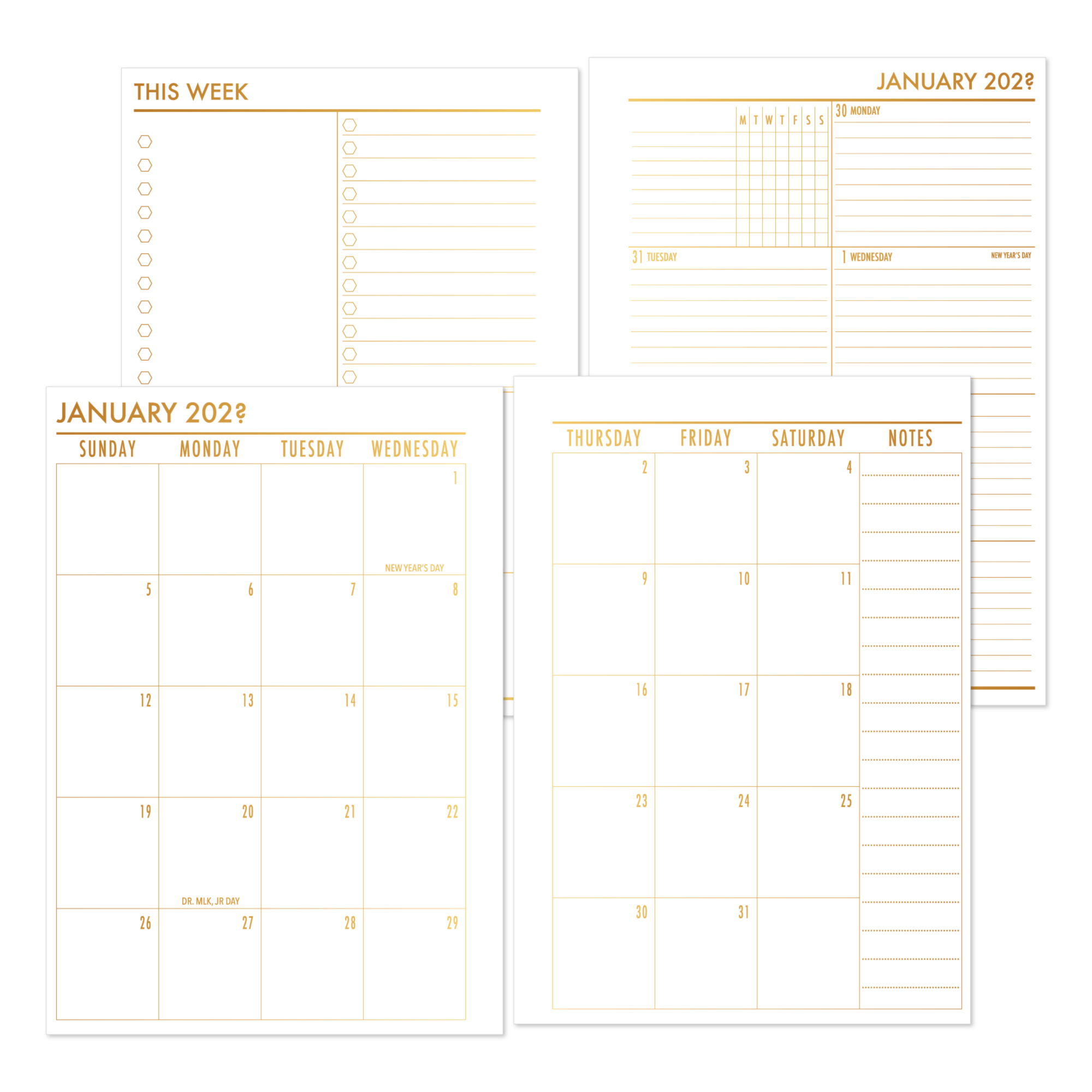 Week on One Page with Month on two Pages layouts for a Complete calendar in the Gold Luxe gradient colorway