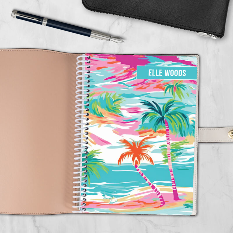 Aquarelle Sky 6x8 spiral notebook refill cover with tropical palm tree watercolor design — fits Coach-style luxury covers