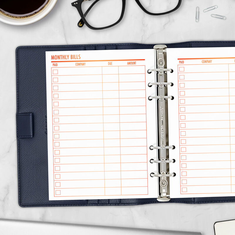 CityGirl Planners A5 size planner insert – Bill Tracker Ember Kiss, left-hand page view