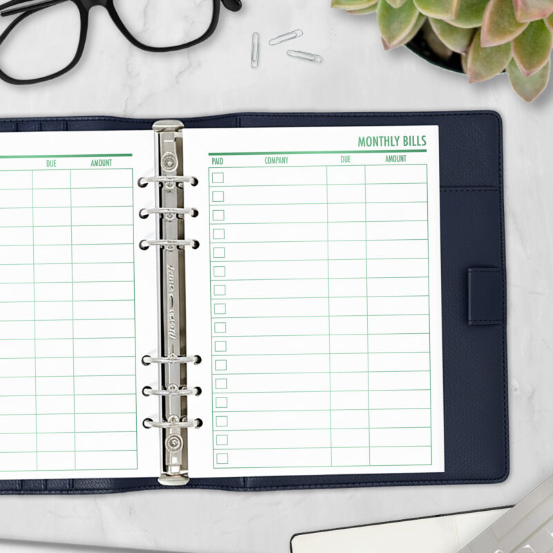 CityGirl Planners A5 size planner insert – Bill Tracker Fae Grove, right-hand page view