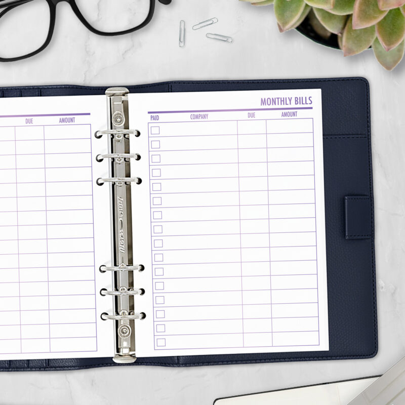 CityGirl Planners A5 size planner insert – Bill Tracker Lilac Hex, right-hand page view