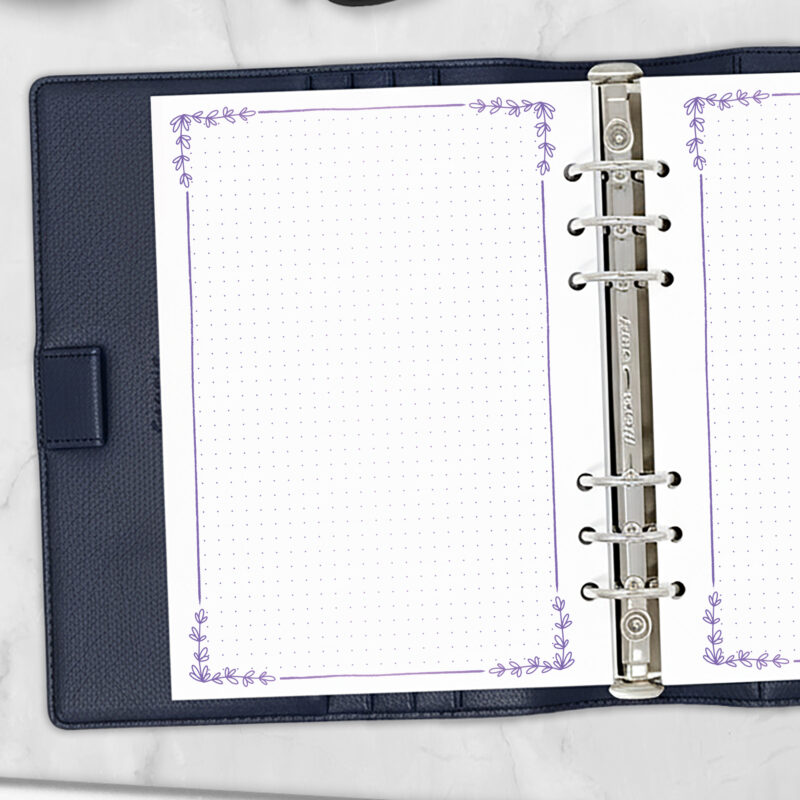 CityGirl Planners A5 size planner insert – Botanical Notes Lilac Hex, left-hand page view