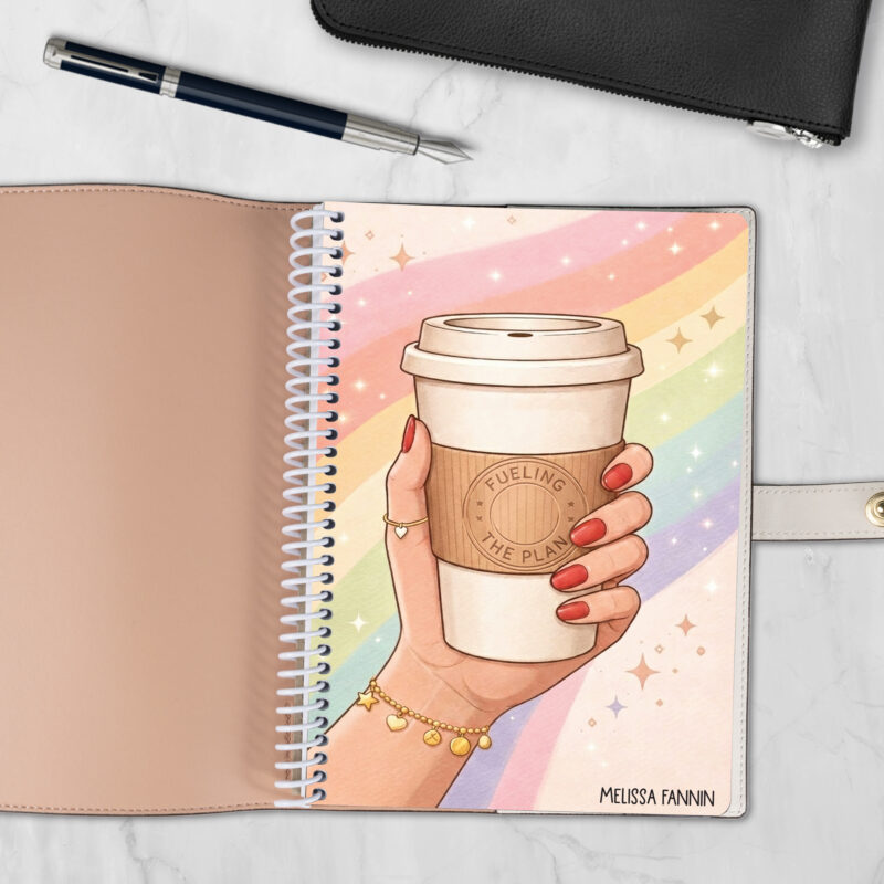 6x8 spiral notebook refill with Fueling the Plan coffee cup cover, shown in a tan luxury cover — fits Coach-style 6x8 covers