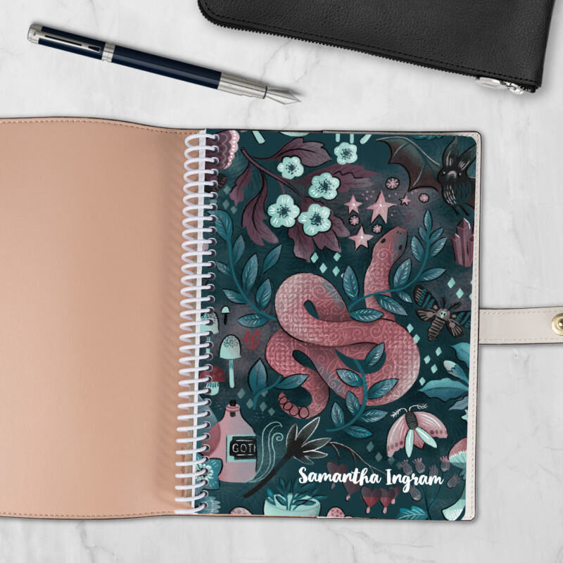Into the Night 6x8 spiral notebook refill cover with snake and floral design — fits Coach-style luxury covers