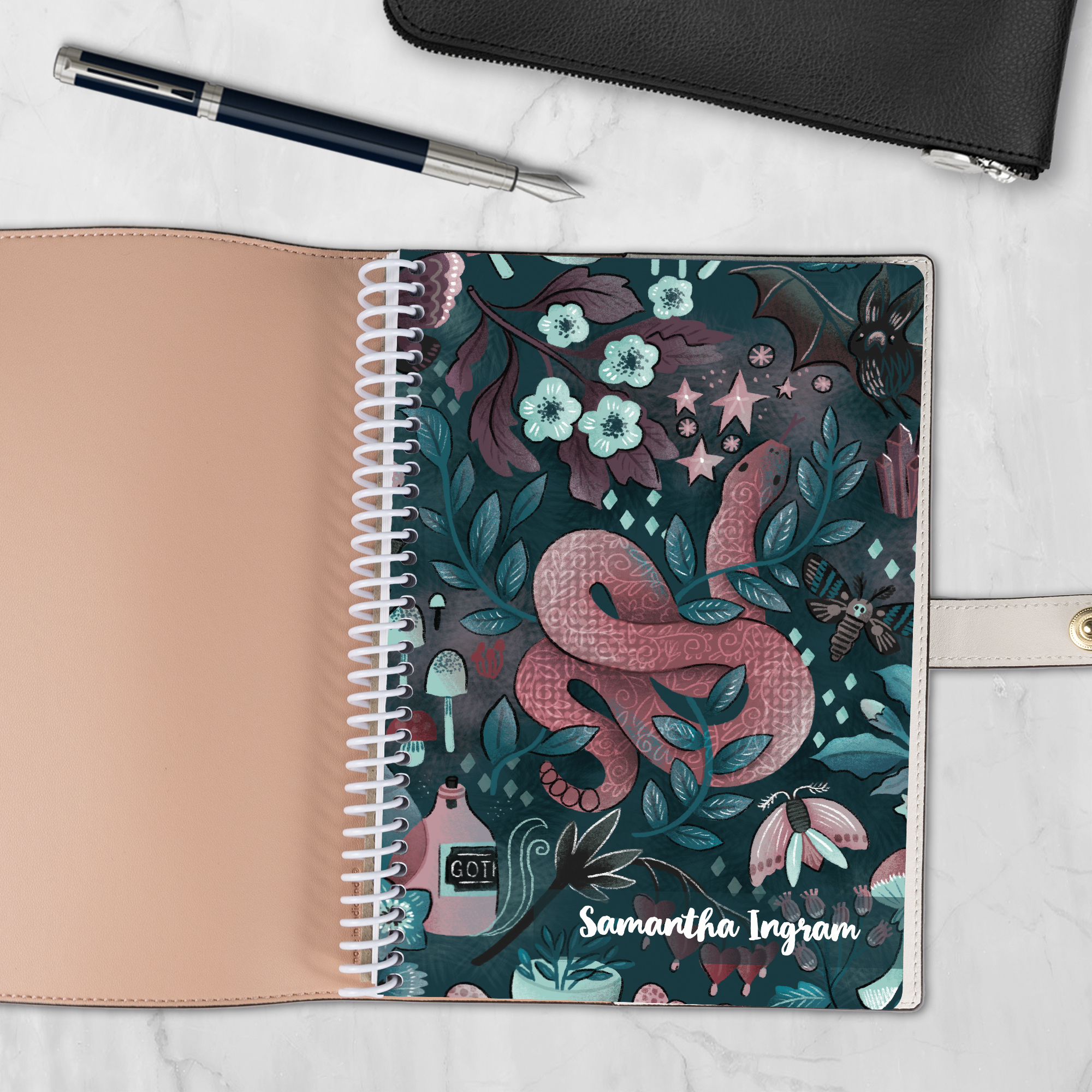 Into the Night 6x8 spiral notebook refill cover with snake and floral design — fits Coach-style luxury covers