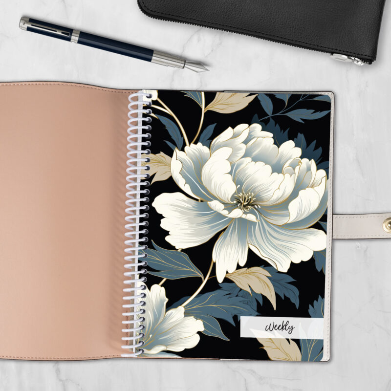 Midnight Bloom 6x8 spiral notebook refill cover with white peony on black design — fits Coach-style luxury covers