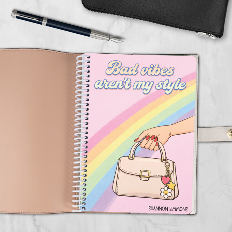 My Style 6x8 spiral notebook refill cover with handbag and rainbow design — fits Coach-style luxury covers