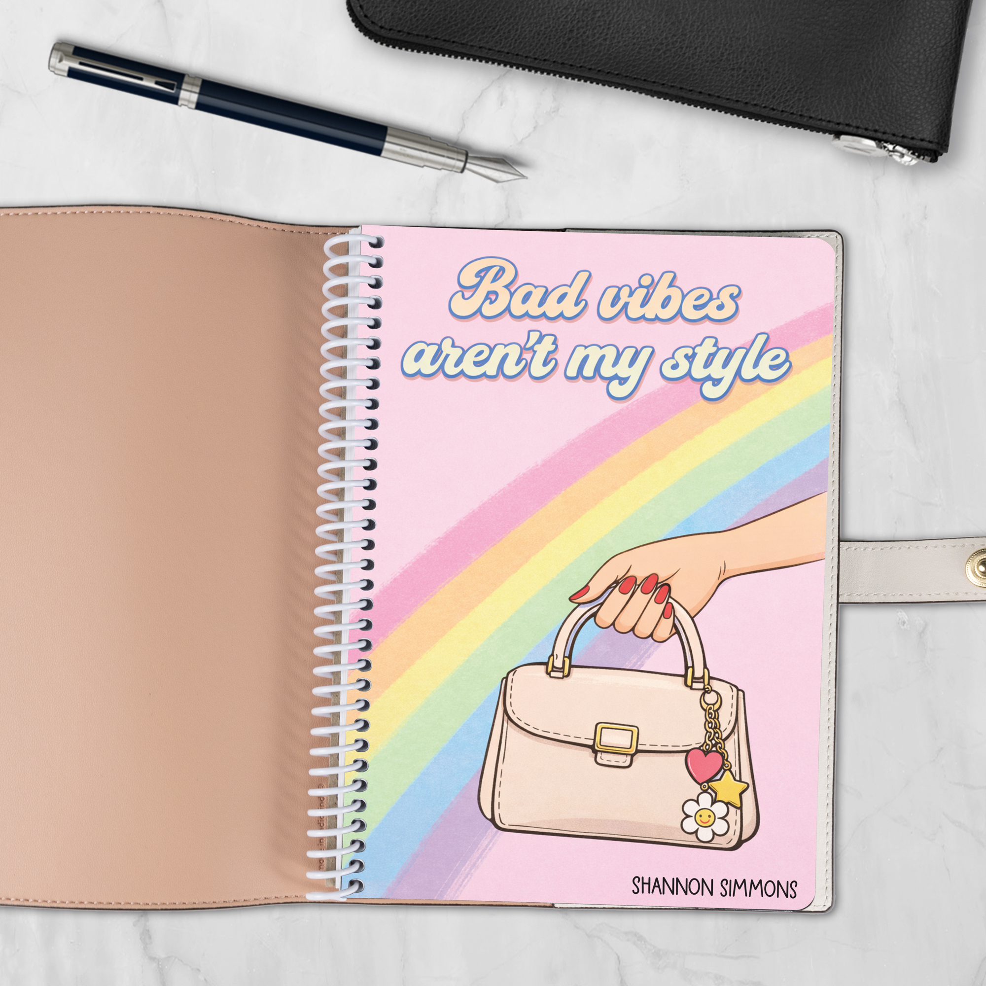 My Style 6x8 spiral notebook refill cover with handbag and rainbow design — fits Coach-style luxury covers