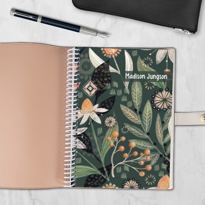 Night Garden 6x8 spiral notebook refill cover with dark botanical floral design — fits Coach-style luxury covers