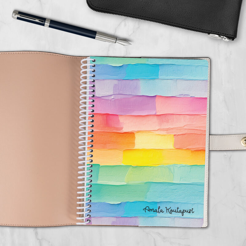 Palette Cake 6x8 spiral notebook refill cover with rainbow watercolor stripe design — fits Coach-style luxury covers