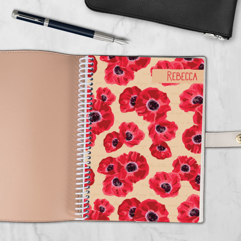 Poppy Prose 6x8 spiral notebook refill cover with red poppy floral design — fits Coach-style luxury covers